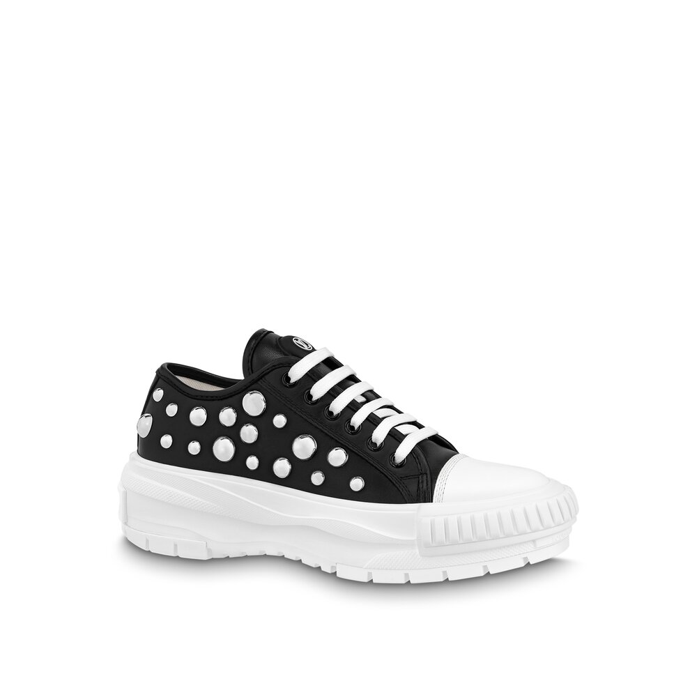 Louis Vuitton x Yayoi Kusama Women Shoes LV Squad Sneaker in Plain Calf Leather with 3D Silver Toned Metal Hald Spheres