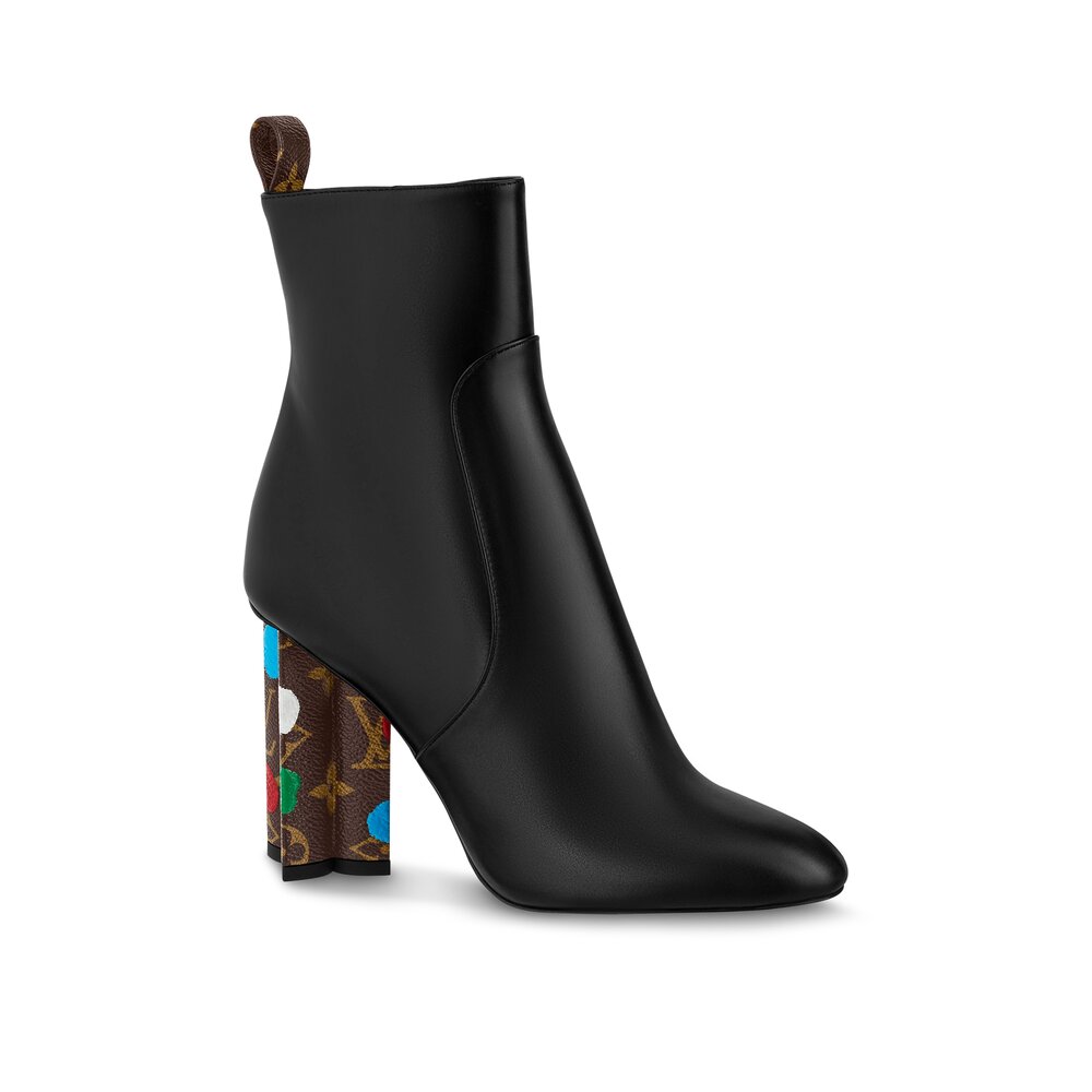 Louis Vuitton x Yayoi Kusama Women Shoes Silhouette Ankle Boot 10CM in Plain Calf Leather with Painted Dots Print