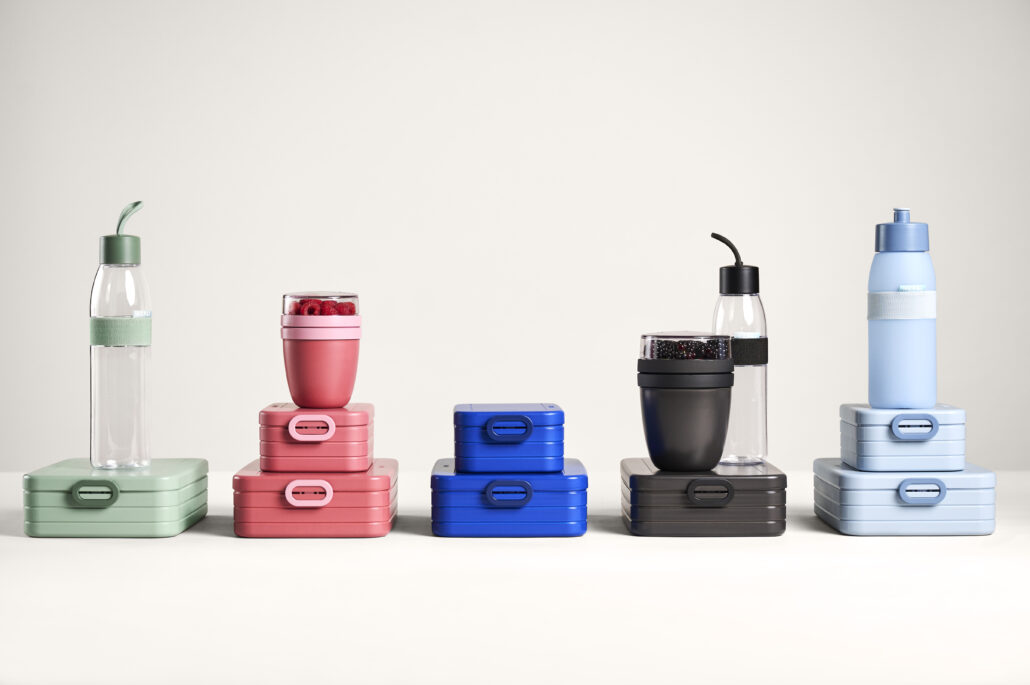 Mepal On the go lunch products in Nordic sage Vivid mauve Vivid blue Nordic black and Nordic blue