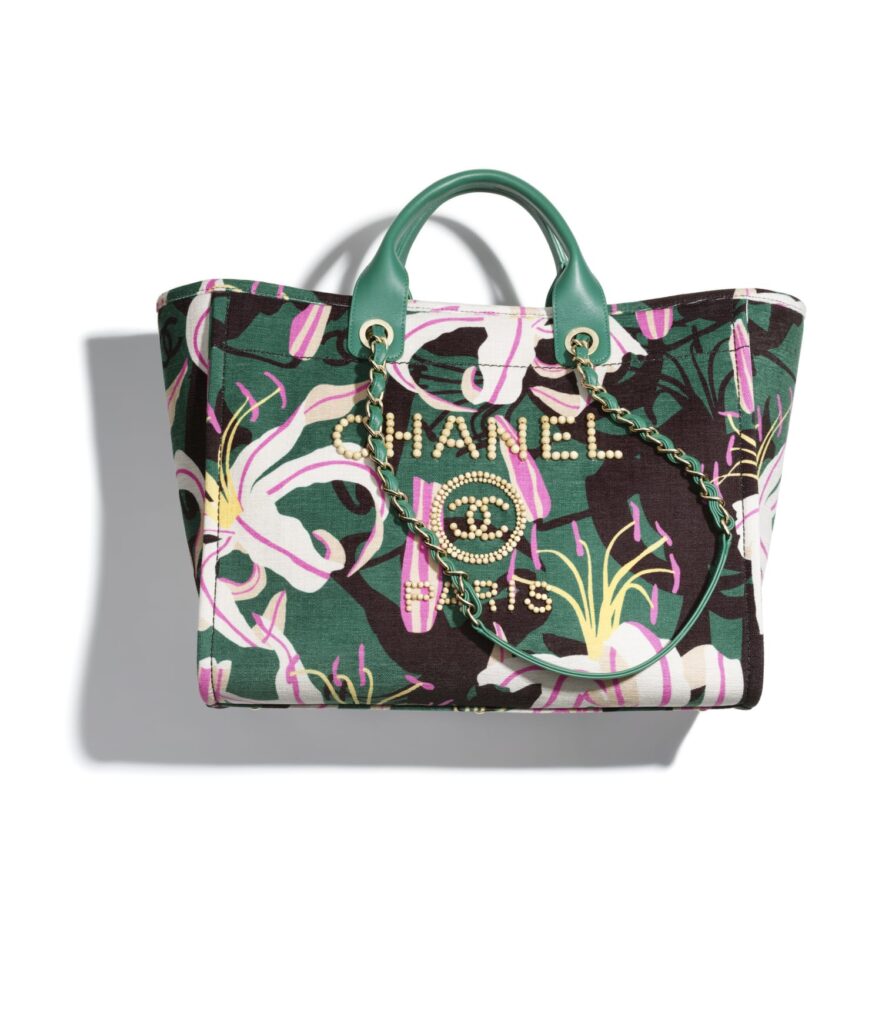 chanel bag in pink green and black printed fabric wood and metal a66941 b13104 np449 LD