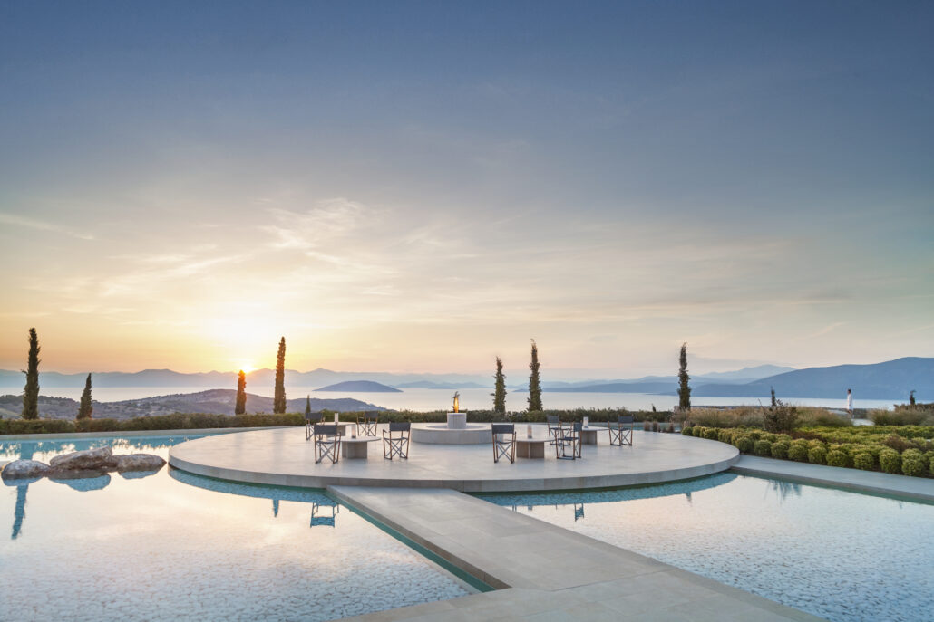 Amanzoe Greece Resort Main Terrace Fire pit High Res 6805