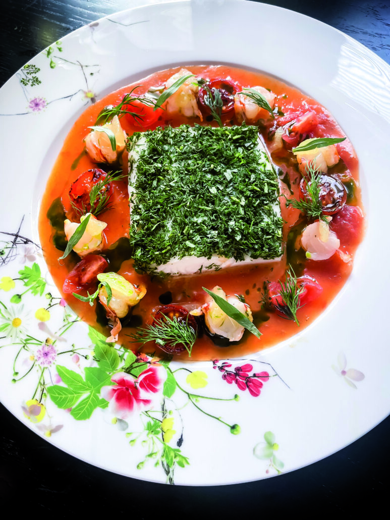 Turbot de Tonkin. Steamed turbot red prawns tomato sugo dill thai basilikum estragon cherry tomatoes dill oil c The Duc Ngo