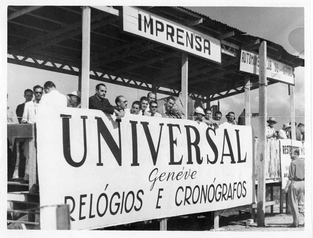 12 Universal Geneve advertising banner during an automotive race in Brazil ca. 1950s