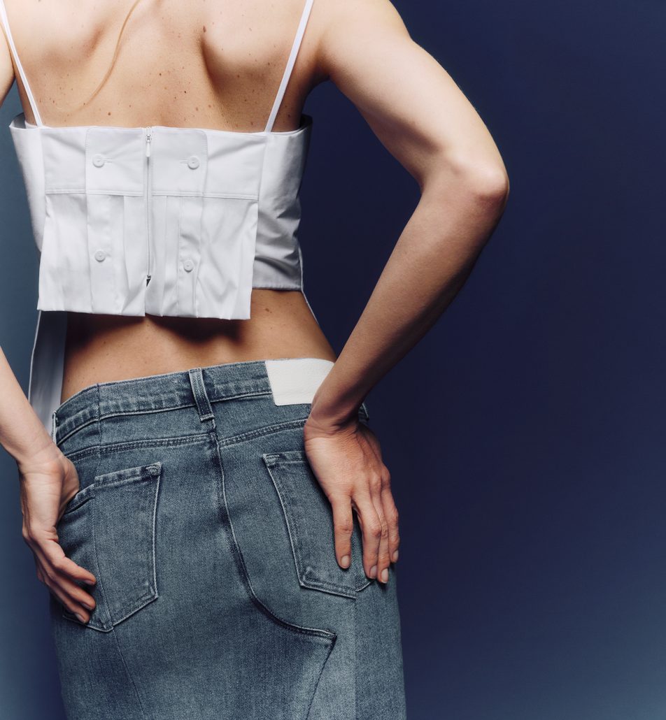 E.L.V. DENIM x THE OUTNET UPCYCLED EXCLUSIVE The Corset Shirt E365 and The Reworked Frayed Skirt E290 2