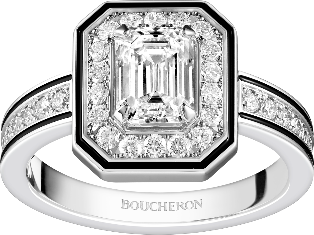 Vendome Lisere engagement ring set with an emerald cut diamond paved with diamonds in white gold and black lacquer 1