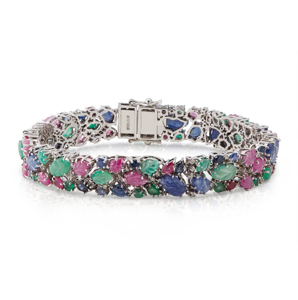 RozetFischmeister585WGArmbandgravierteRubinSaphirSmaragdBlaetter2756ctDiamanten VK E 9 950