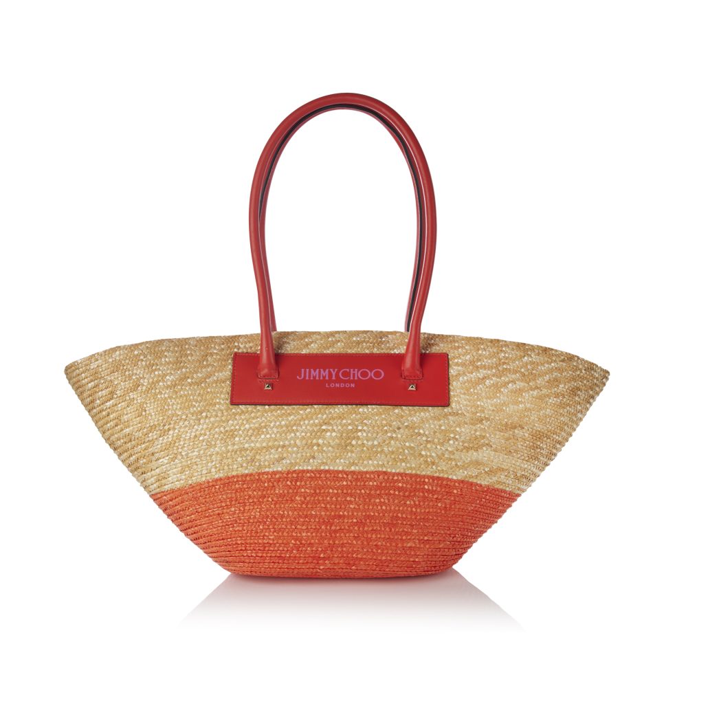 BEACH BASKET TOTEM PRINTED RAFFIA WJIMMY CHOO LOGO WSMOOTH CALF LEATHER NATURAL PAPRIKA LIGHT GOLD