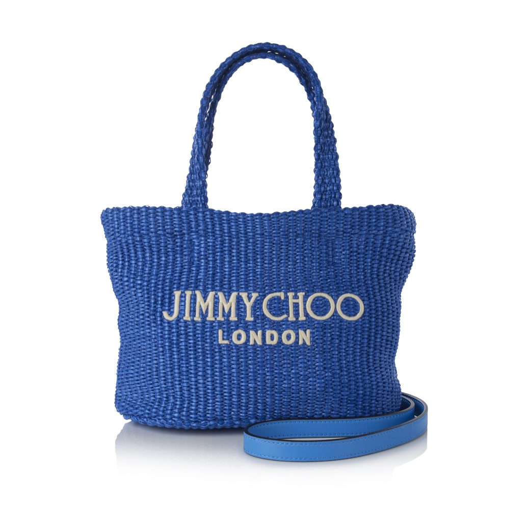 BEACH TOTE EW MINI RAFFIA W JIMMY CHOO LOGO SKY LATTE