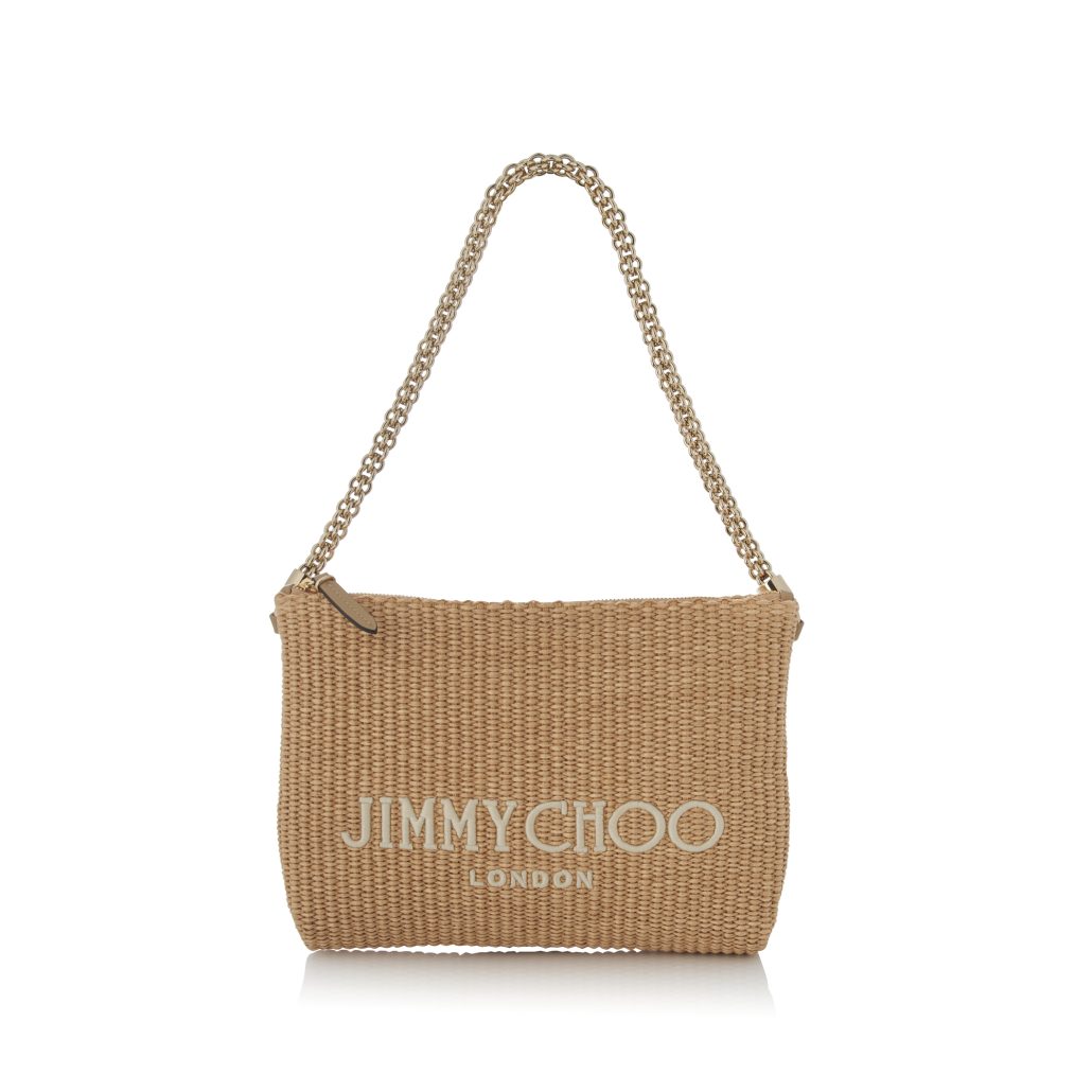 CALLIE SHOULDER RAFFIA WJIMMY CHOO LOGO SMOOTH CALF LEATHER STRAP NATURAL LATTE