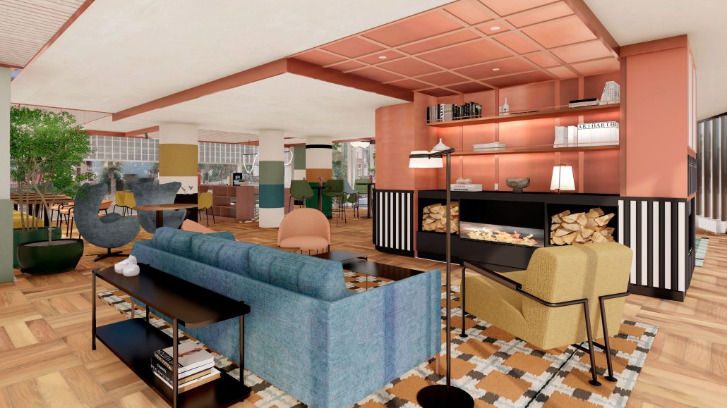 Hotel renders Lobby view fireplacecAvani Museum Quarter Amsterdam