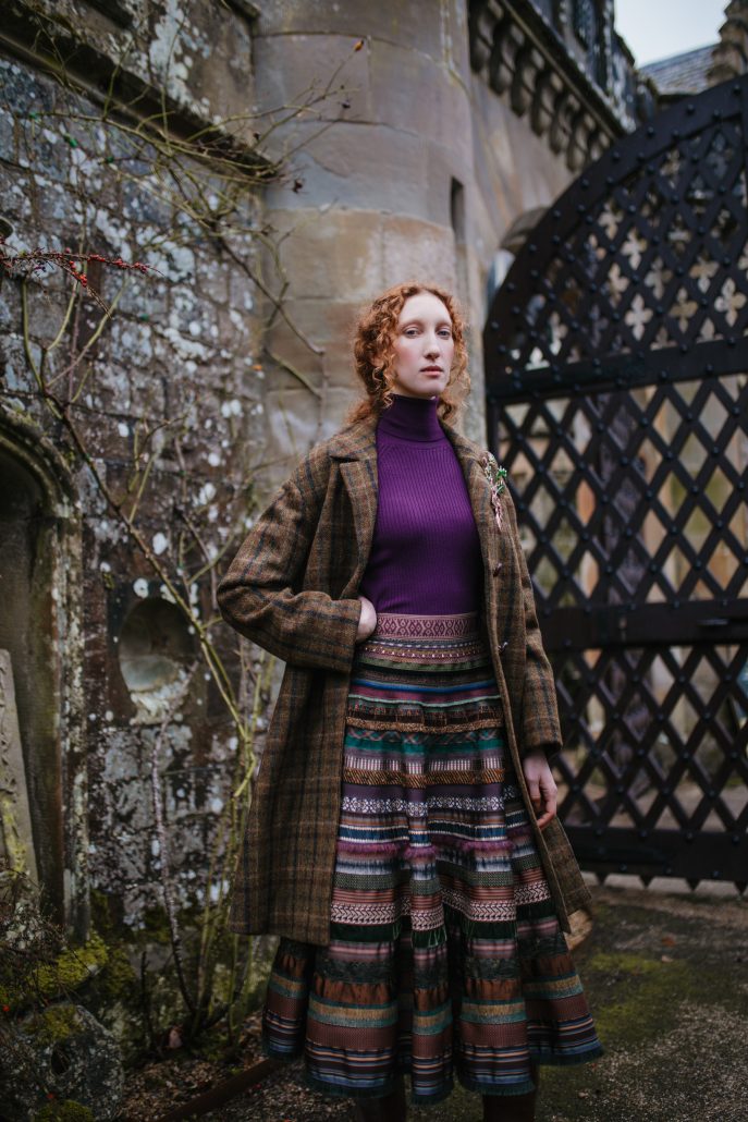 Elizabeth Coat woodland Wendy Turtleneck eggplant Opulence Ribbon Skirt highlander