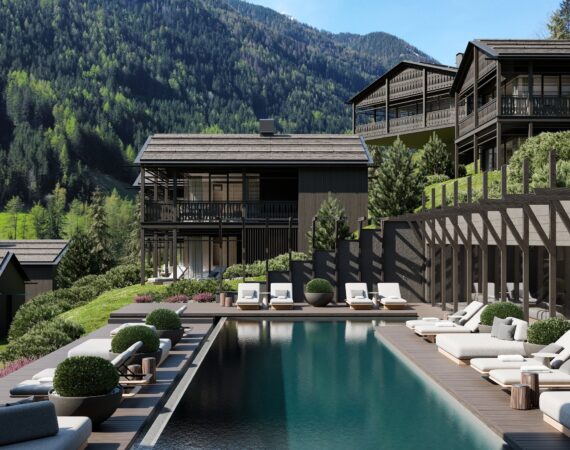 Outdoorpool mit Bergblick ©Amonti Chalets