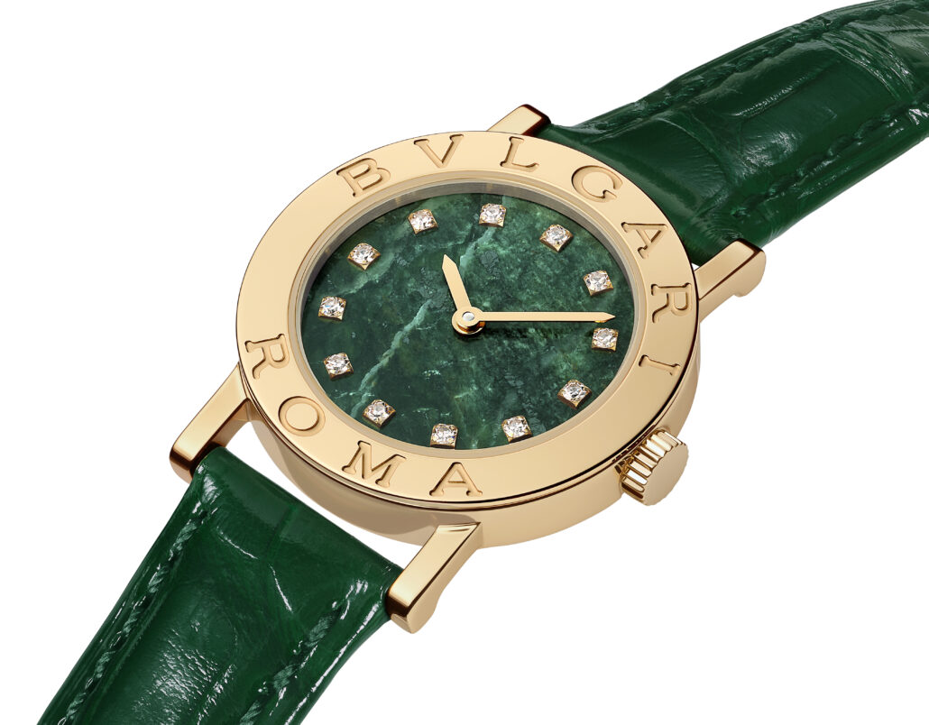 „Verde Alpi“, Zifferblatt aus grünem Marmor mit 12 Diamantindizes ©Bvlgari