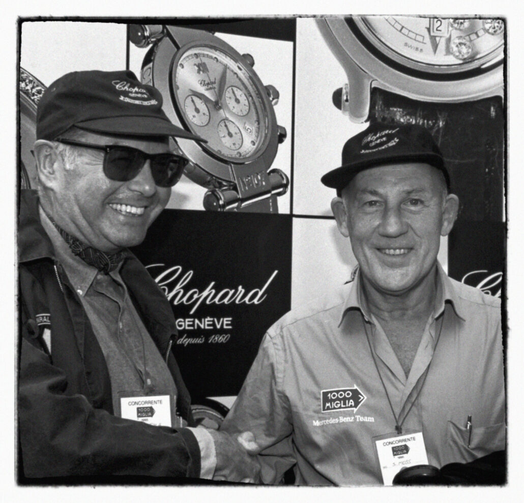 Karl Scheufele with Sir Stirling Moss at the 1996 Mille Miglia ©Bruno Lyet