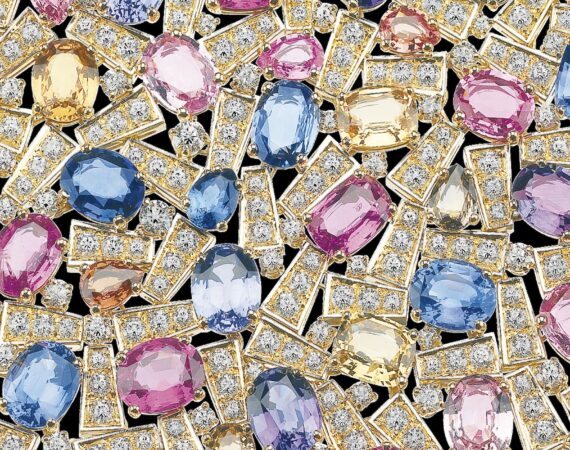 Close up Bib necklace in gold with multicolour sapphires and diamonds ca. 2005