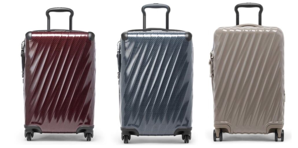 L to R 19 Degree Lite International 4 Wheeled Carry On in Wine Pavement and Moonrock