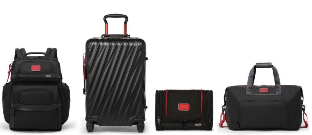 L to R Alpha Brief Pack in Black Red 19 Degree Aluminum International 4 Wheeled Carry On in Black Red Alpha Hanging Travel Kit in Black Red and Alpha Double Expansion Travel Satchel in Black Red