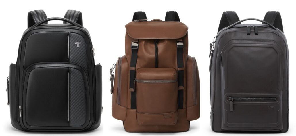 L to R Arriv‚ Large Backpack in Black Harrison Griffen Flap Backpack in Cognac and Harrison Bradner Backpack in Espresso Brown Bombe