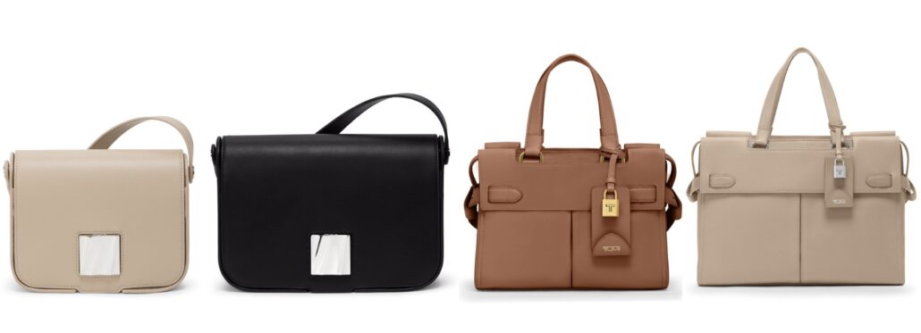 L to R Olas Small Shoulder Bag in Oat Olas Medium Shoulder Bag in Black Agent Medium Tote in Sienna and Agent Large Tote in Oat