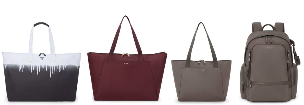 L to R Voyageur Just In Caser Tote in White Spray paint Voyageur Medium Just In Caser Tote in Wine Voyageur Small Just In Caser Tote in Mink and Voyageur Celina Backpack in Mink