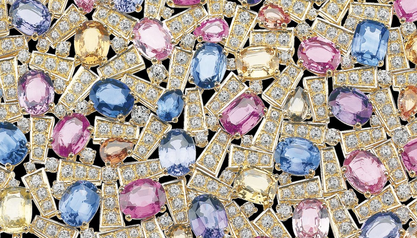 Close-up Bib necklace in gold with multicolour sapphires and diamonds ca. 2005