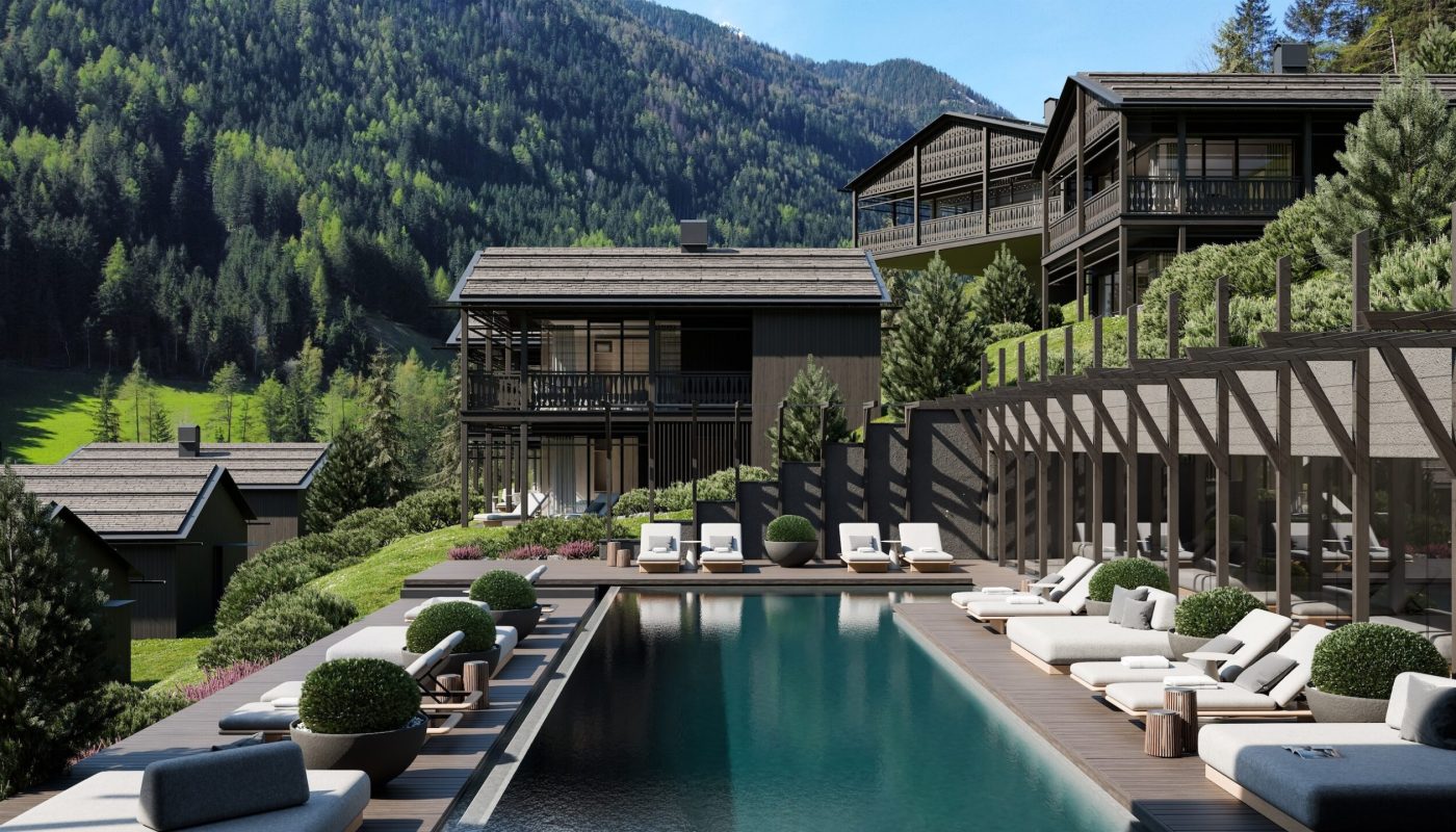 Outdoorpool mit Bergblick ©Amonti Chalets